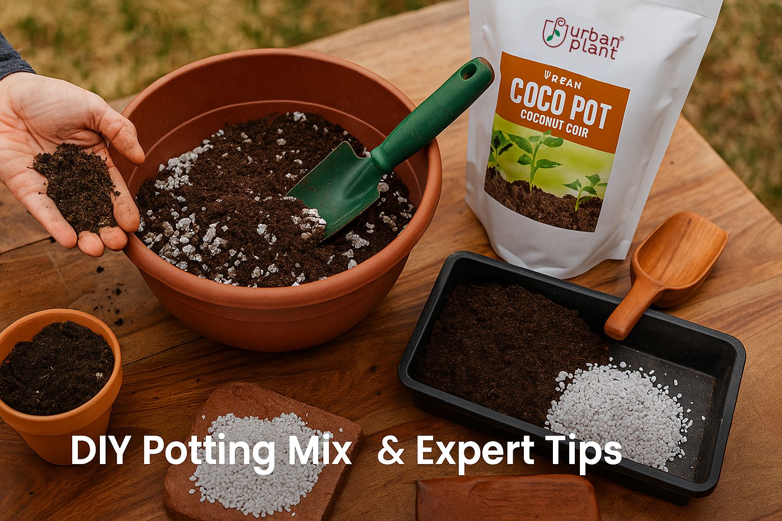 Urban Plant DIY potting mix with coco coir, perlite, and organic soil in a home gardening setup.